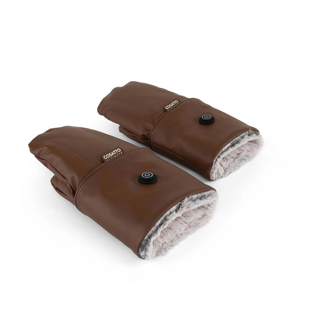 Pair of brown gloves with fur lining on a white background