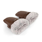 Brown mitts with cuffs turned over showing fur lining on a white background