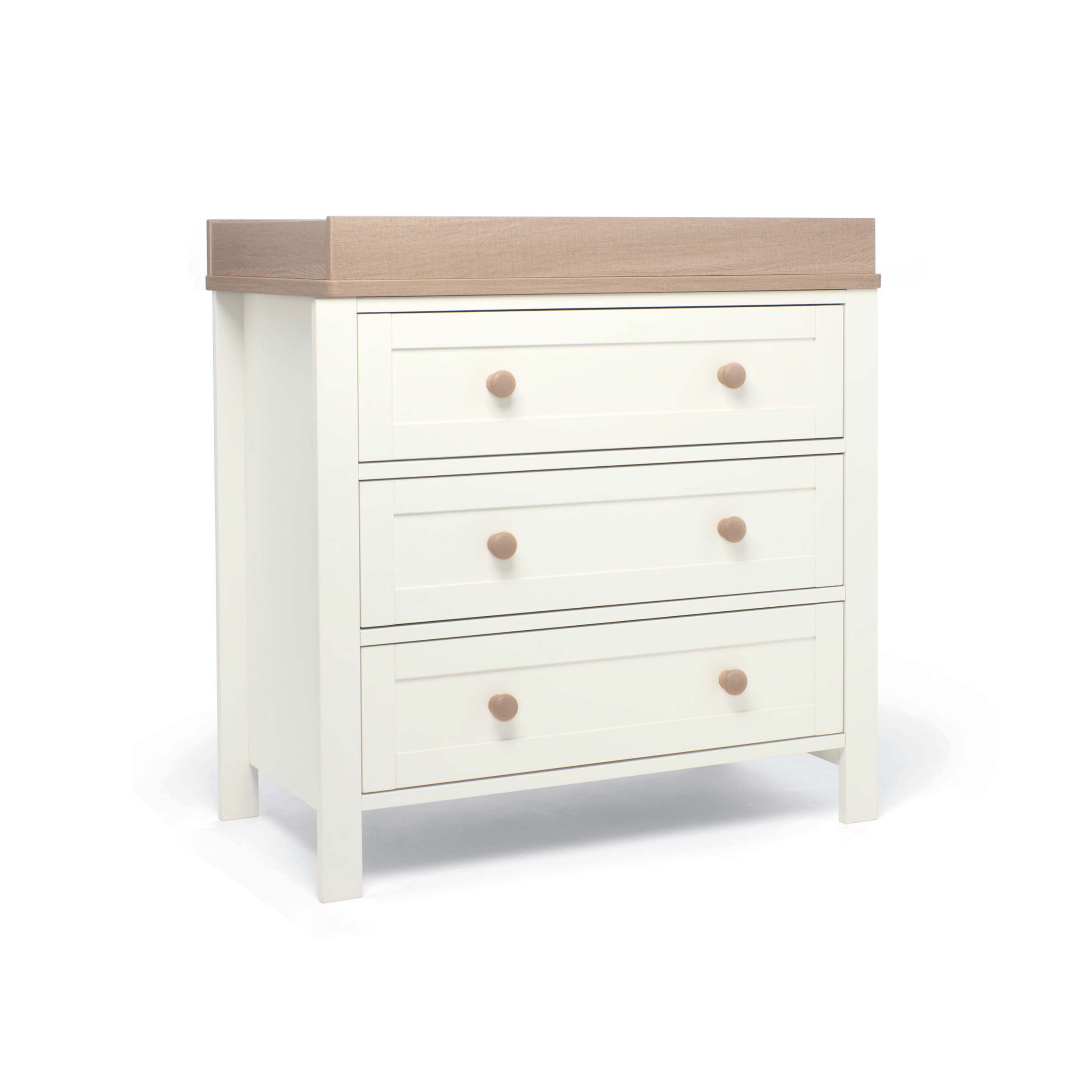 White dresser with three drawers and a natural top changer frame on a white background