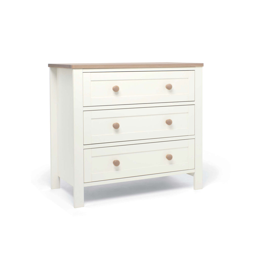 White dresser with three drawers and natural  top and drawer knobs with changer top removed on a white background