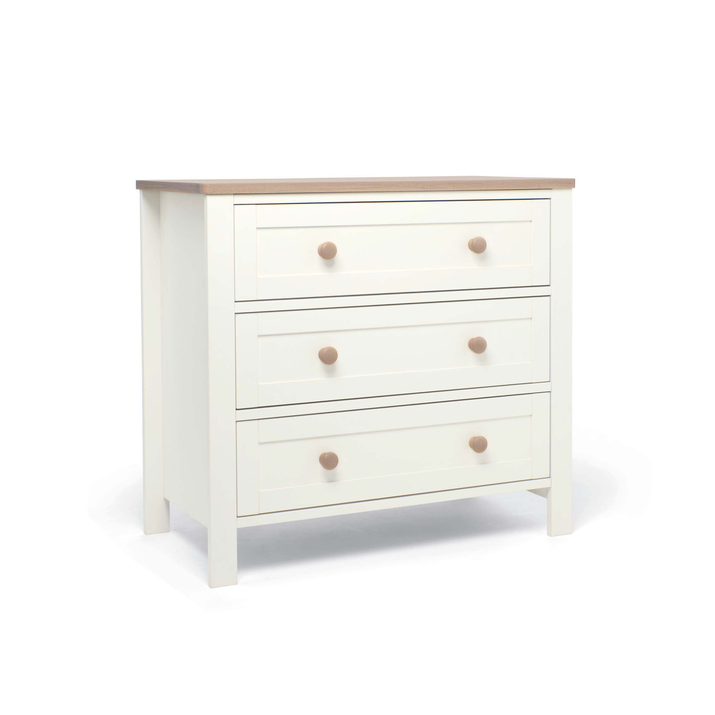 White dresser with three drawers and natural  top and drawer knobs with changer top removed on a white background