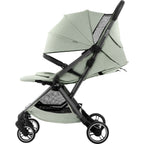 Light green stroller with grey frame on a white background with seat reclined and canopy extended