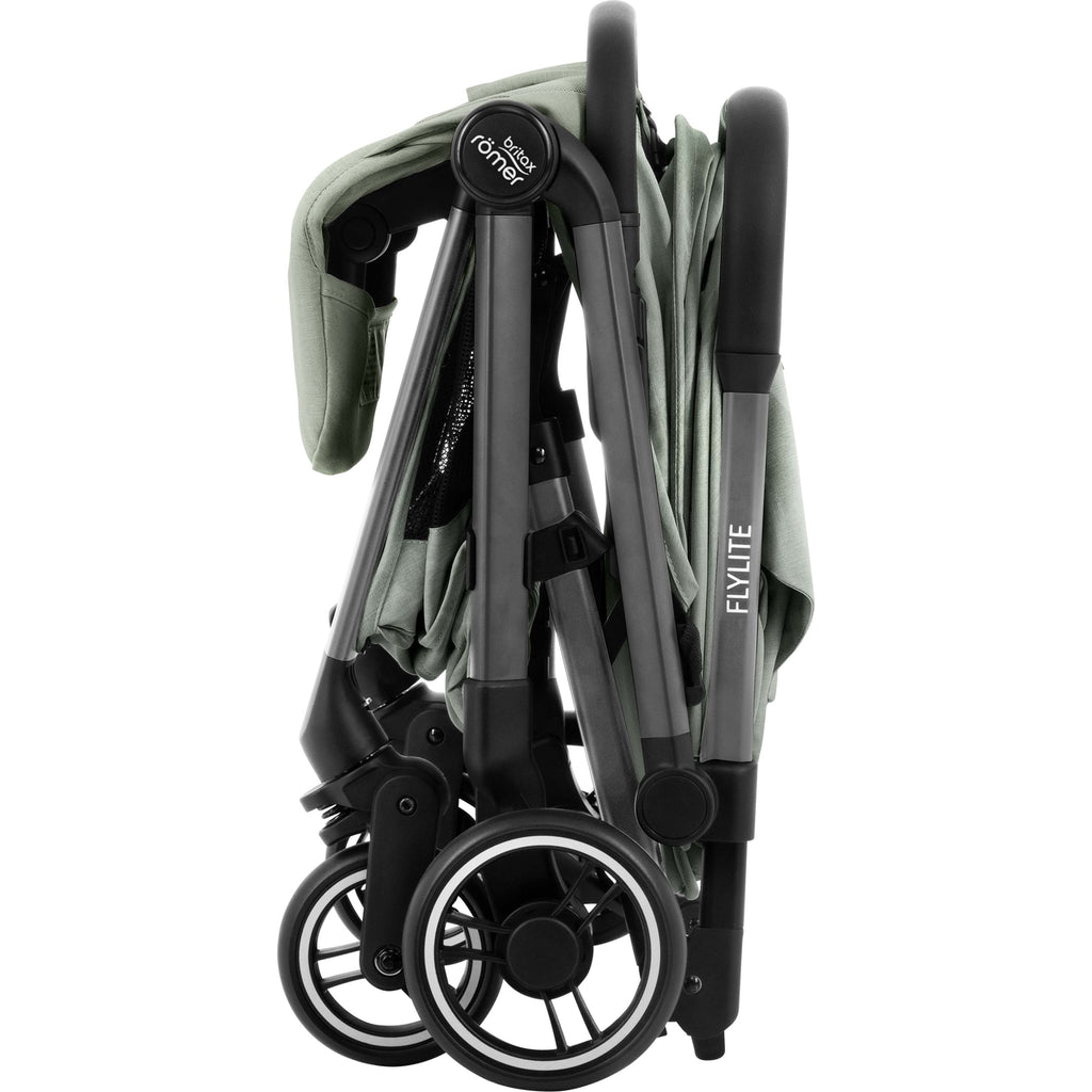 Folded stroller with 'Flylite' branding on a white background
