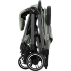 Folded stroller with 'Flylite' branding on a white background