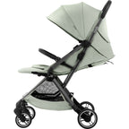 Light green stroller with grey frame on a white background with seat reclined