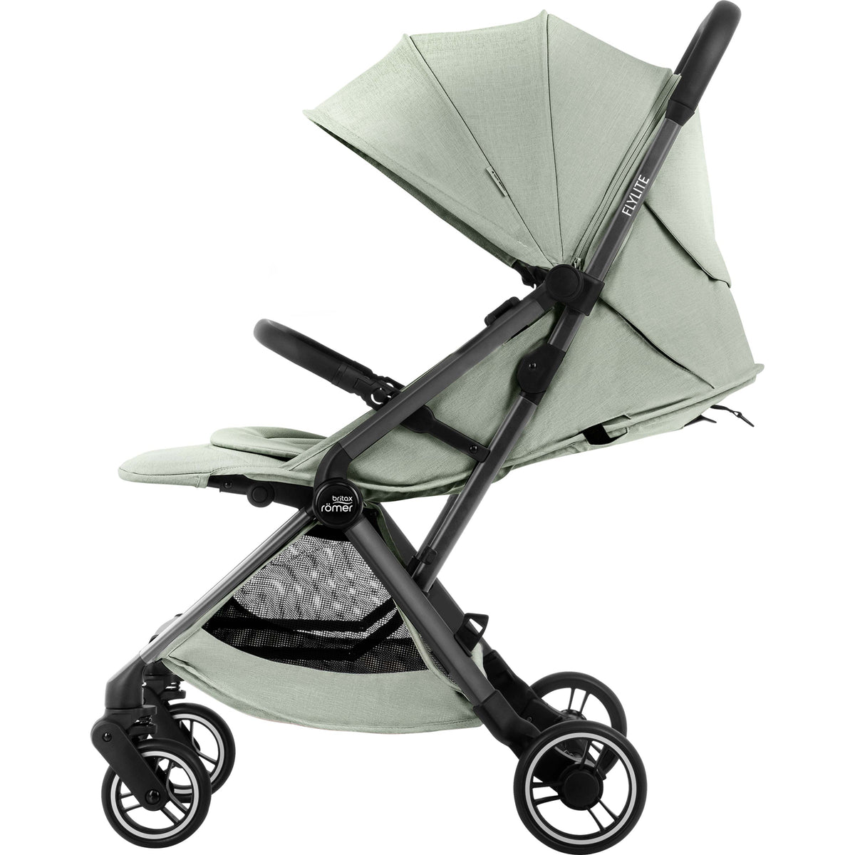 Light green stroller with grey frame on a white background with seat reclined