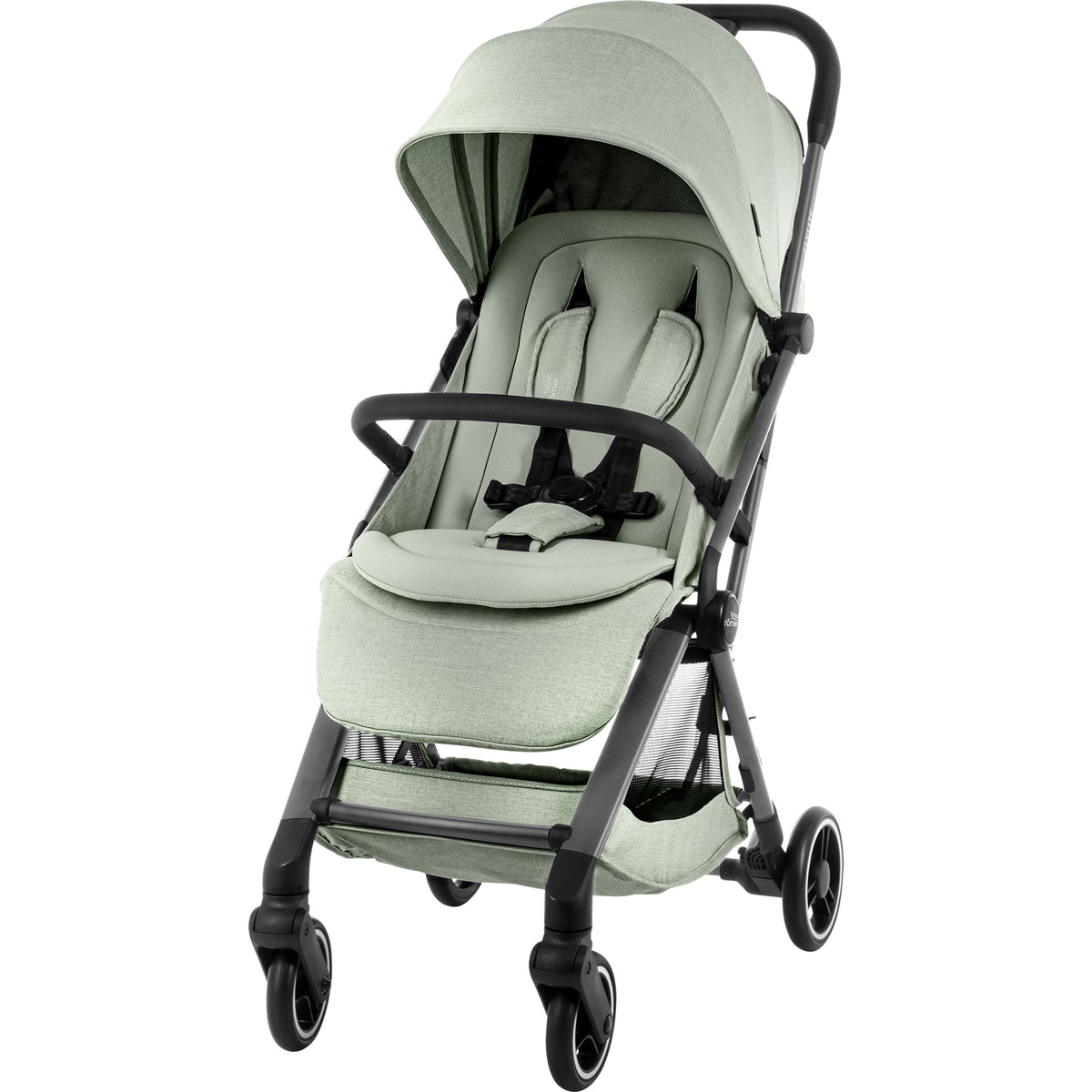 A compact stroller in a light sage green fabric with a grey frame and wheels, shown from a three-quarter angle on a solid white background.