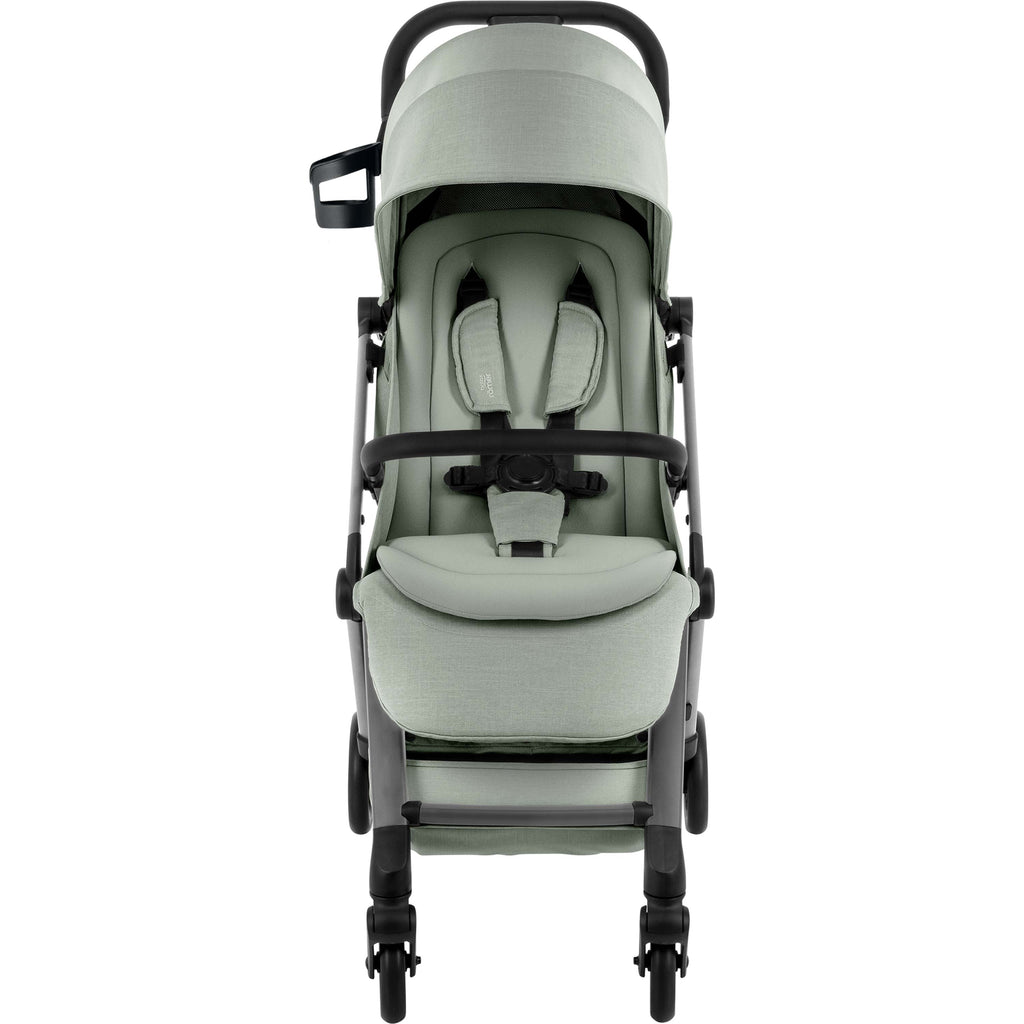 A stroller with a light sage green fabric and a grey frame, shown from a front-facing perspective against a solid white background.