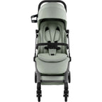 A stroller with a light sage green fabric and a grey frame, shown from a front-facing perspective against a solid white background.