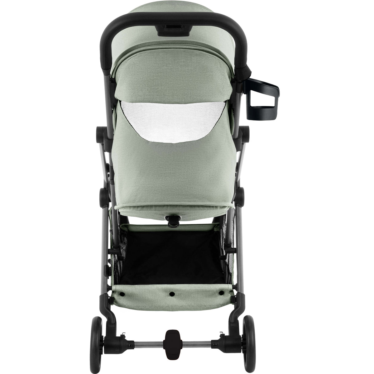 A stroller with a light sage green fabric and a grey frame, shown from a rear-facing perspective against a solid white background.