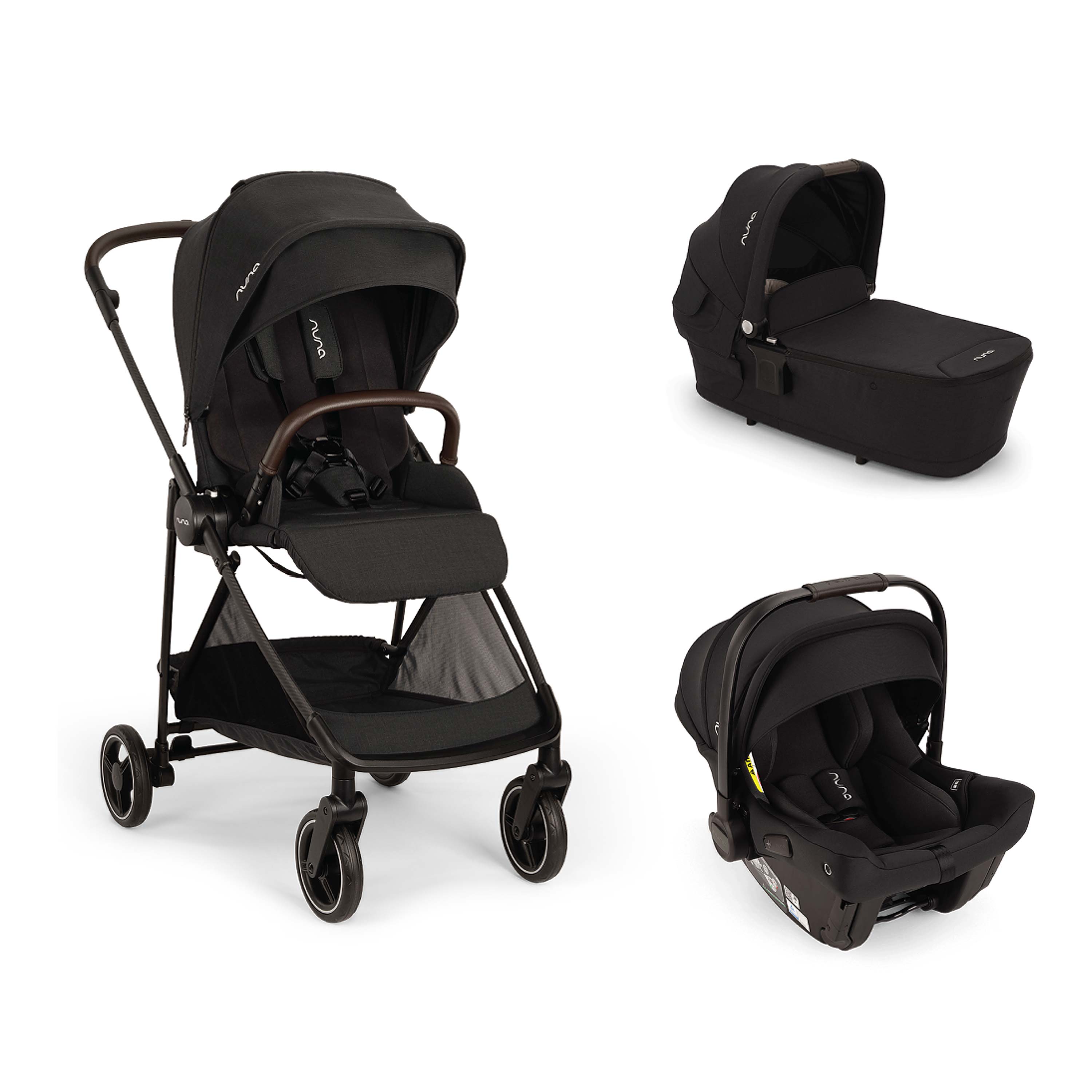 Nuna IXXA next, LYTL Carrycot and PIPA urbn Car Seat in black on a white background