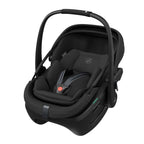 Black baby car seat with canopy on a white background
