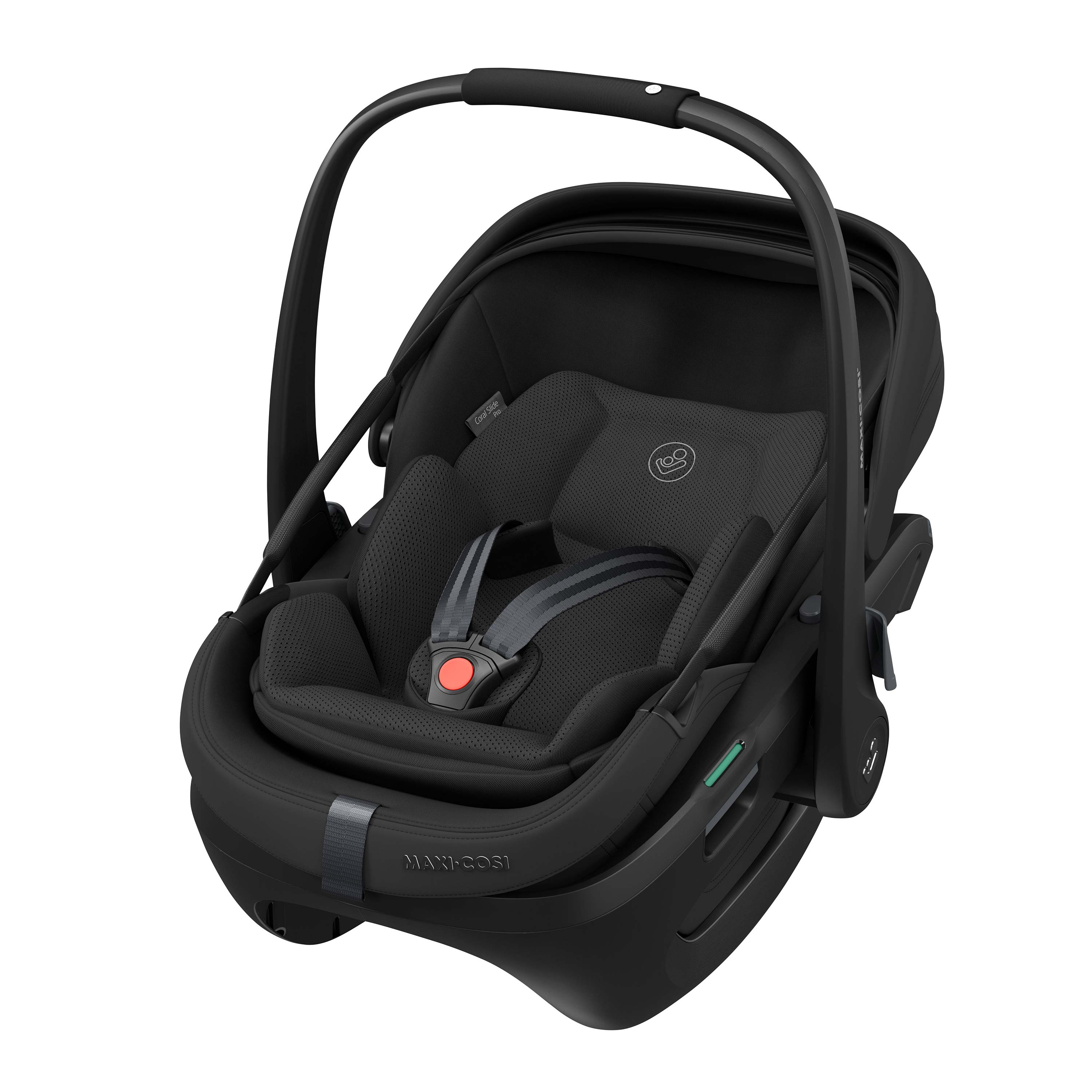 Black baby car seat with canopy on a white background