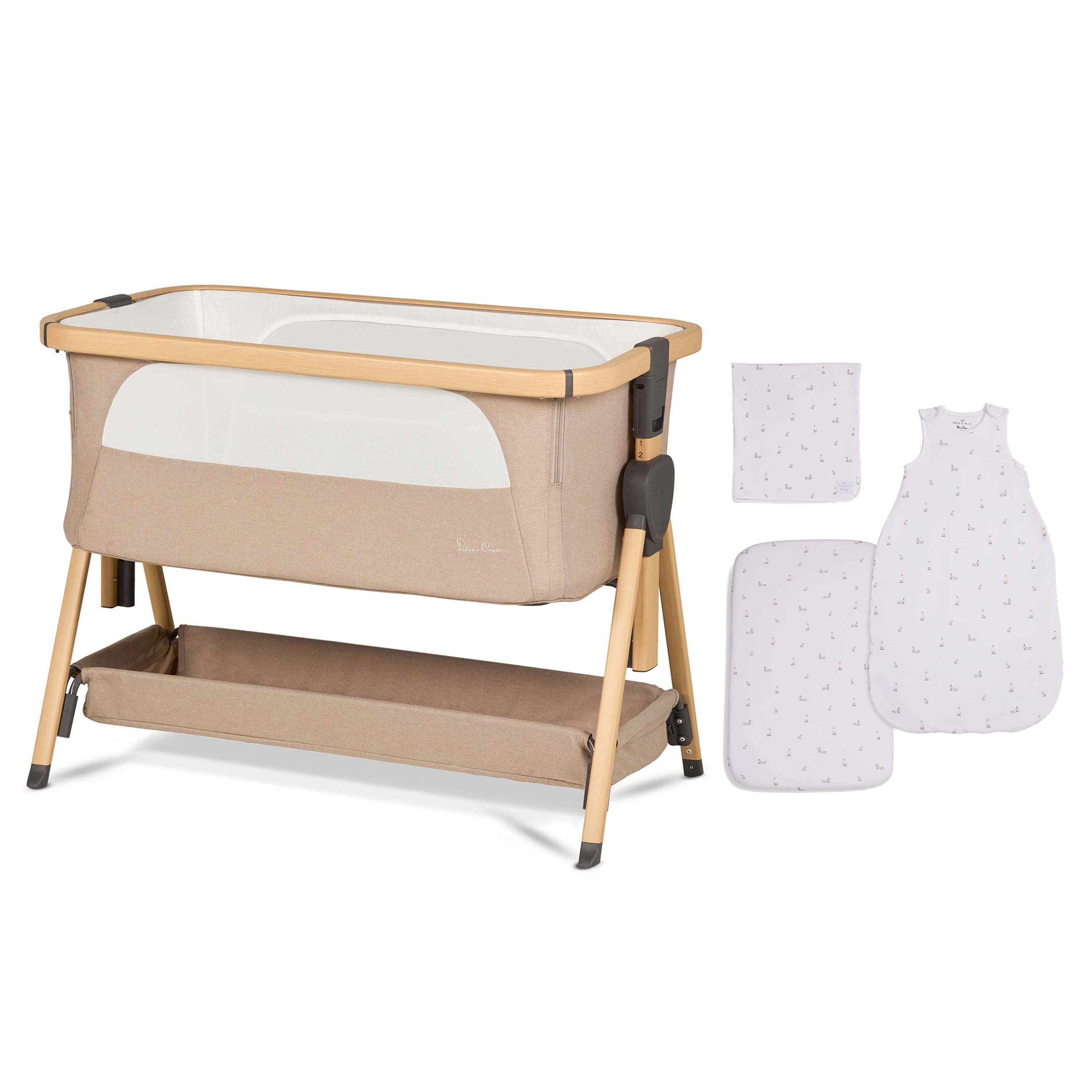 Silver Cross Lunar Bedside Crib Oatmeal & New Arrival Bedding Set
