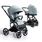 Pale blue stroller and carrycot on a black chassis and white background