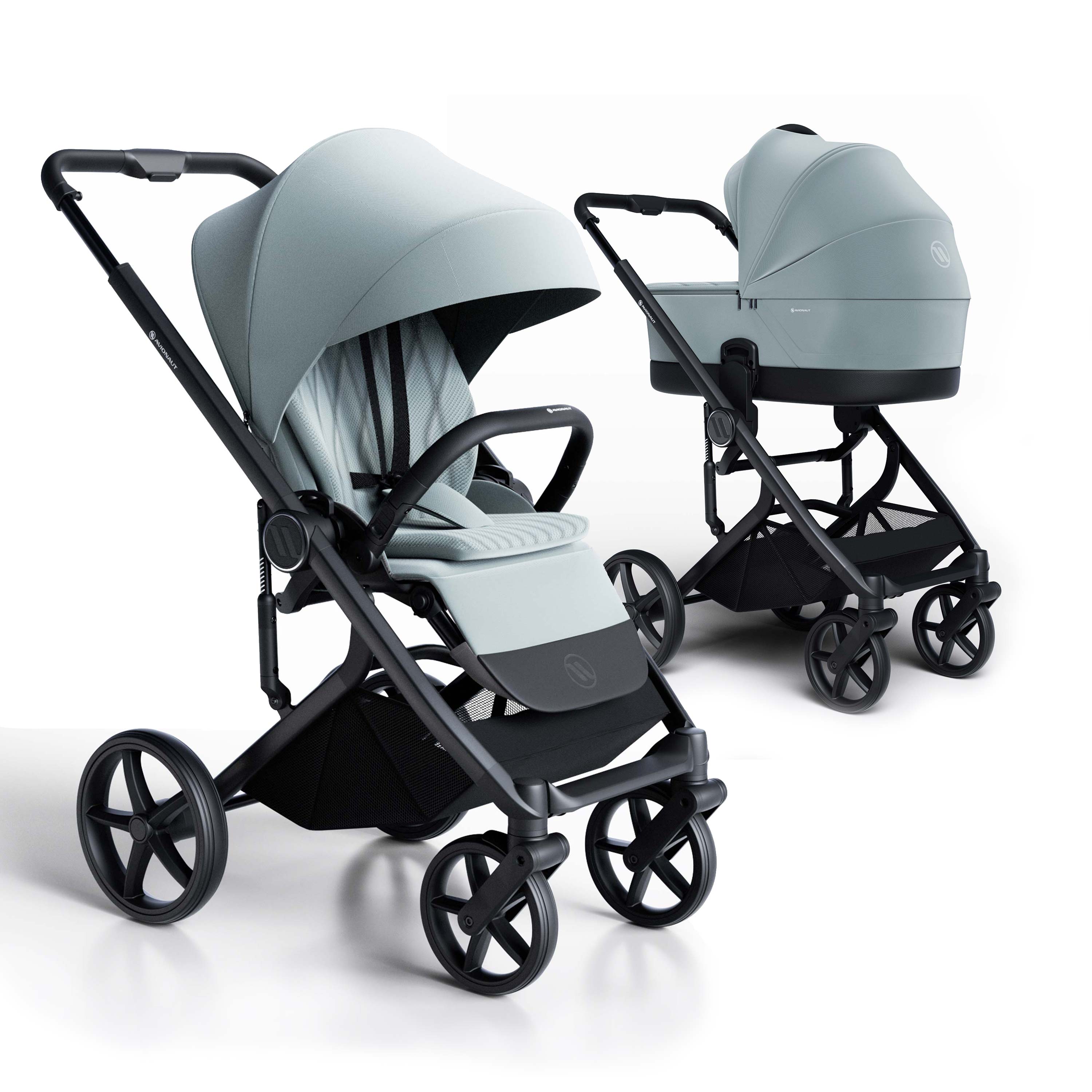 Pale blue stroller and carrycot on a black chassis and white background