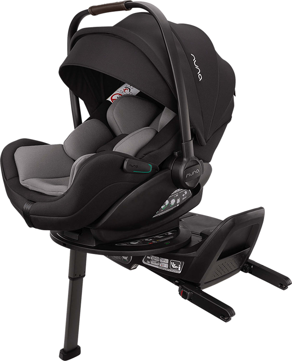 Black and gray Arra Flex car seat on Base curv, 90 degree rotation view on a white background