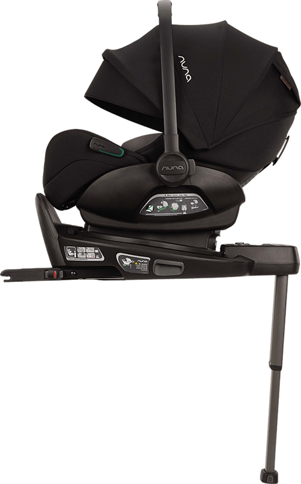 Black Arra Flex Nuna car seat with Base Curv on a white background