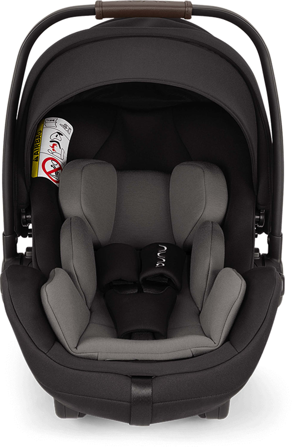 Black and gray Arra Flex baby car seat front view on a white background