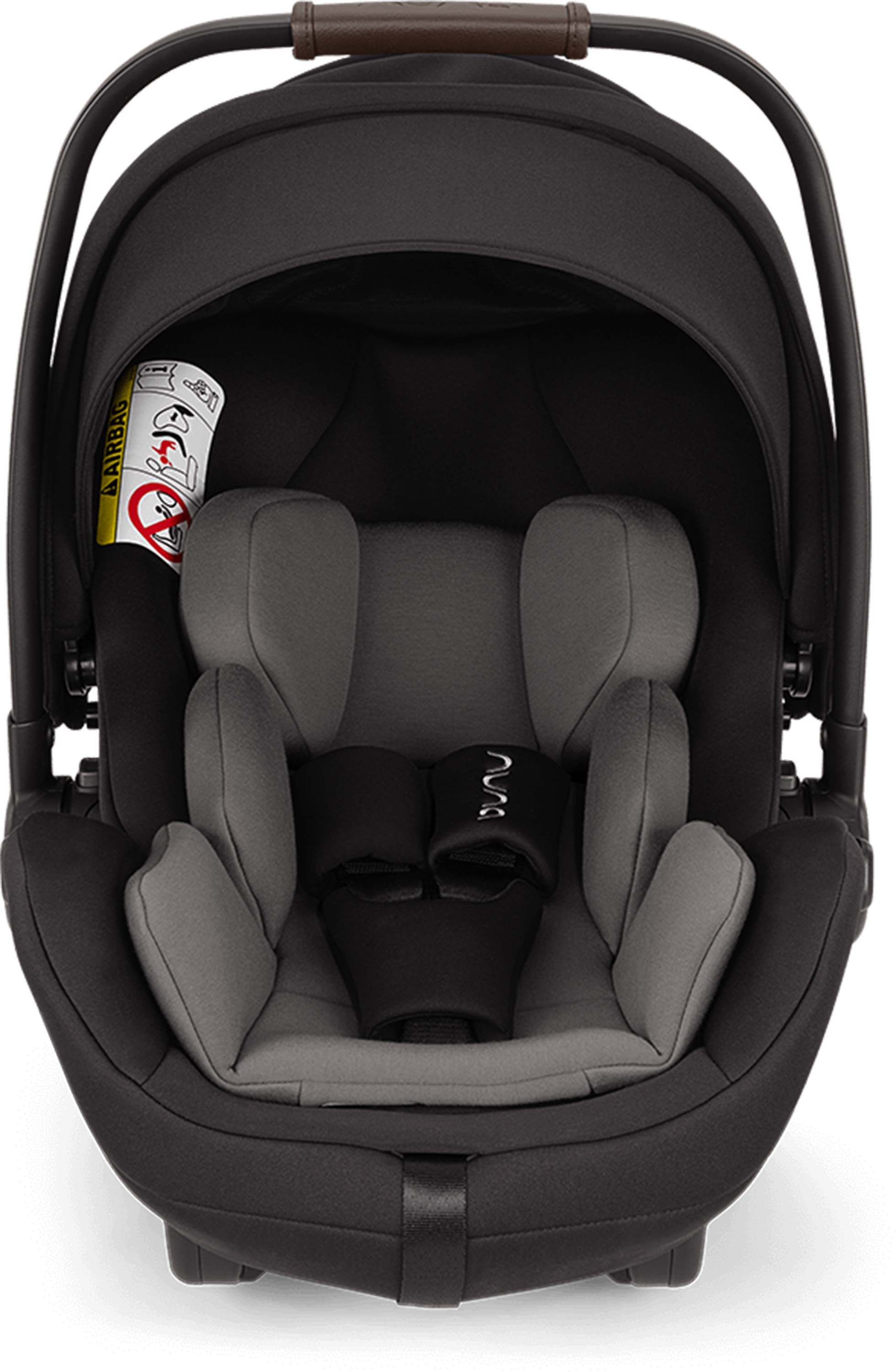Black and gray Arra Flex baby car seat front view on a white background