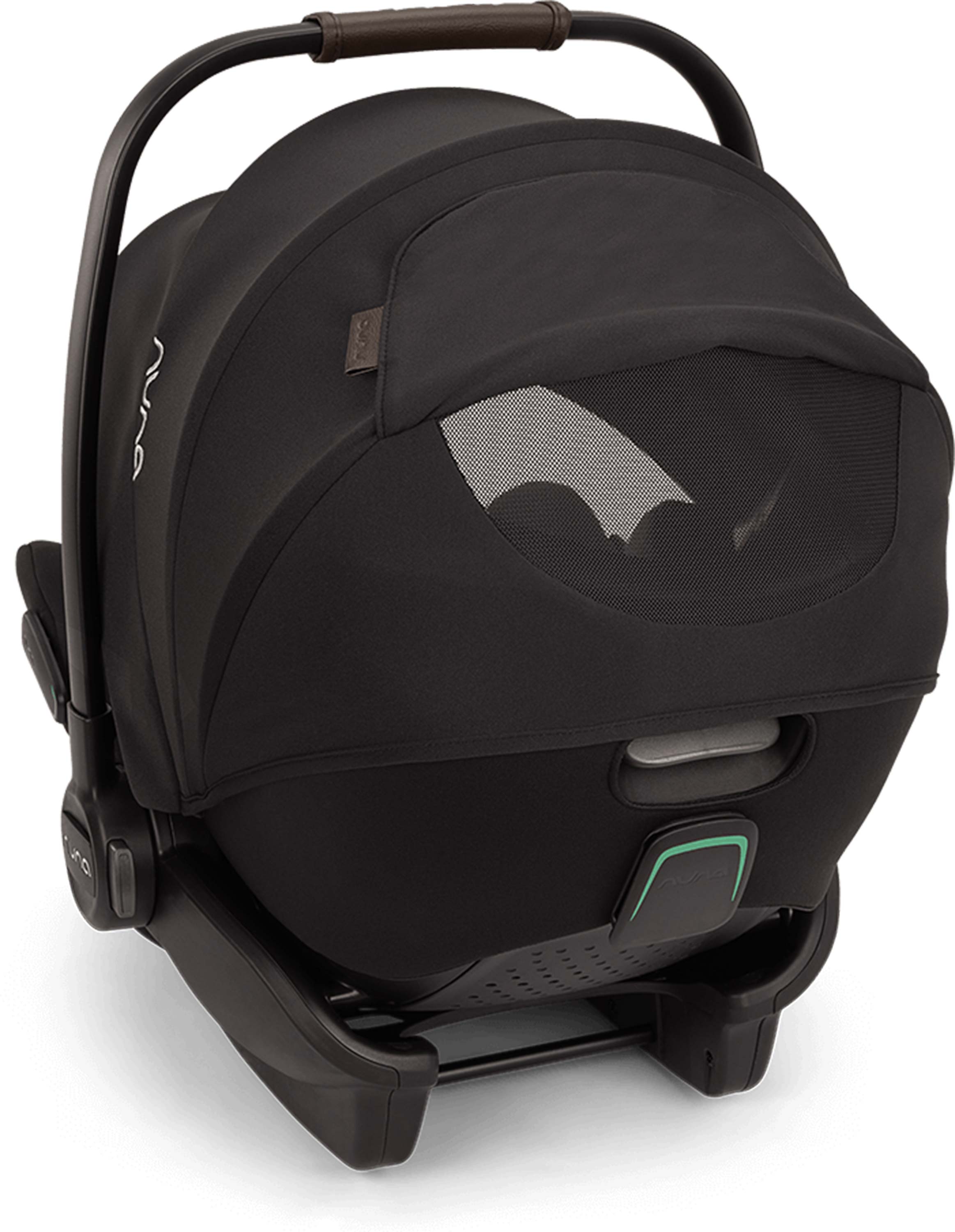 Black baby Arra Flex car seat with rear mesh window on a white background
