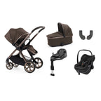 A multi-piece baby travel system set on a plain white background, including a stroller, bassinet, car seat with base, and infant car seat. The stroller and bassinet are in a dark brown color with bronze-toned metal frames and wheels, while the car seat and base are black.