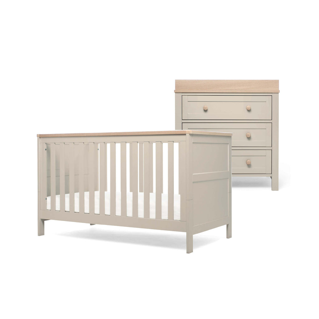 Pebble Grey crib and dresser set on a white background