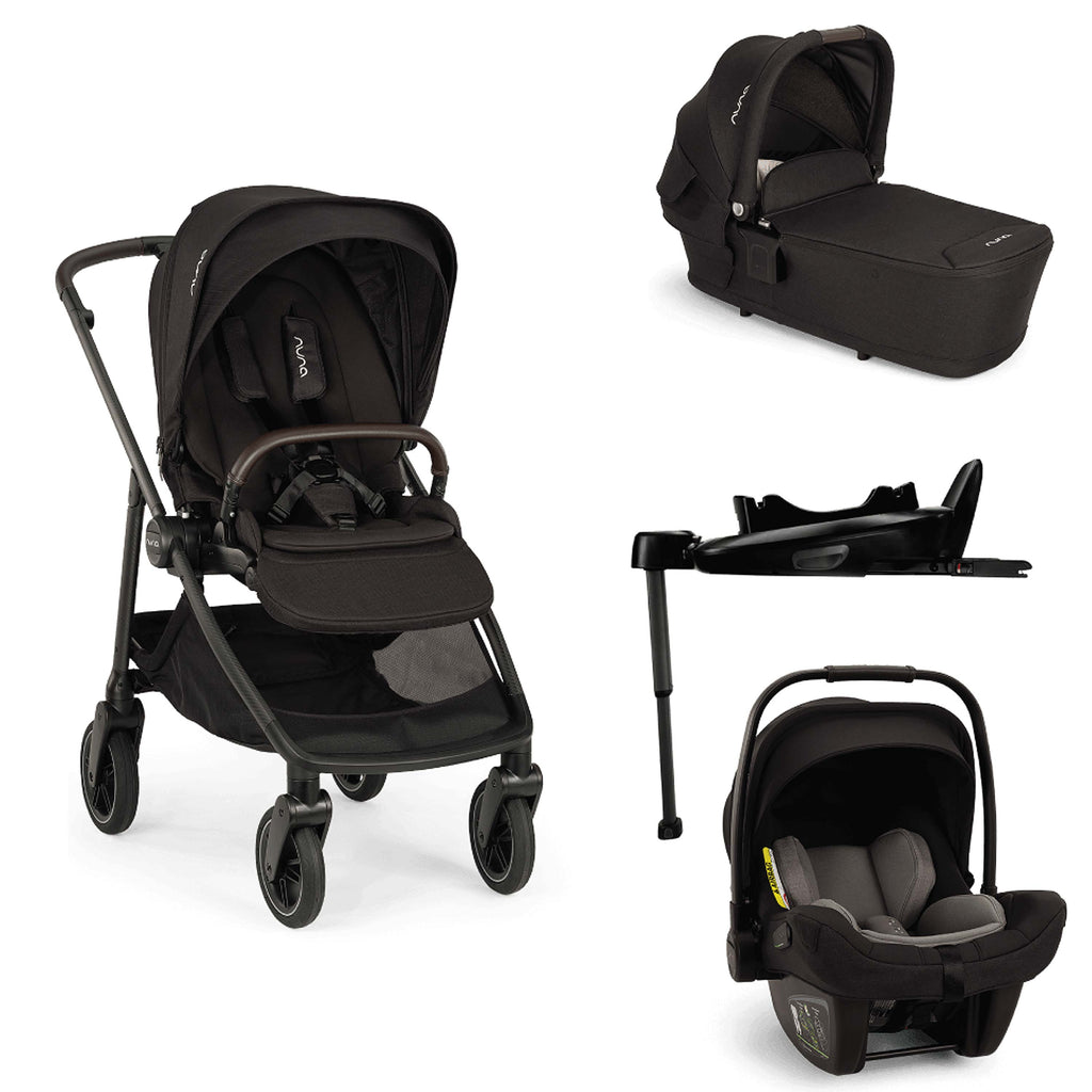 Nuna SWIV stroller in black with LYTL carrycot, PIPA next car seat and Base next ISOFIX