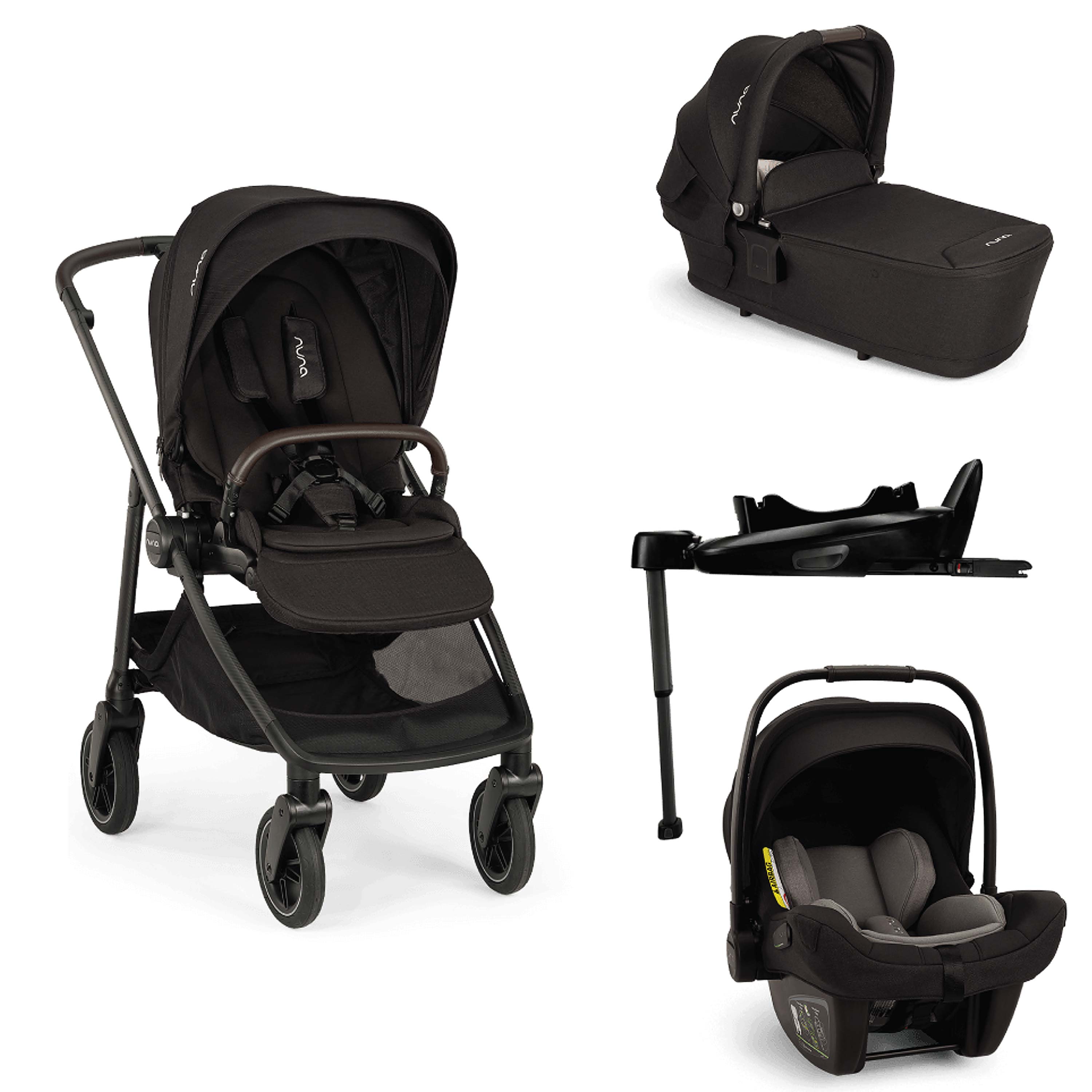 Nuna SWIV stroller in black with LYTL carrycot, PIPA next car seat and Base next ISOFIX