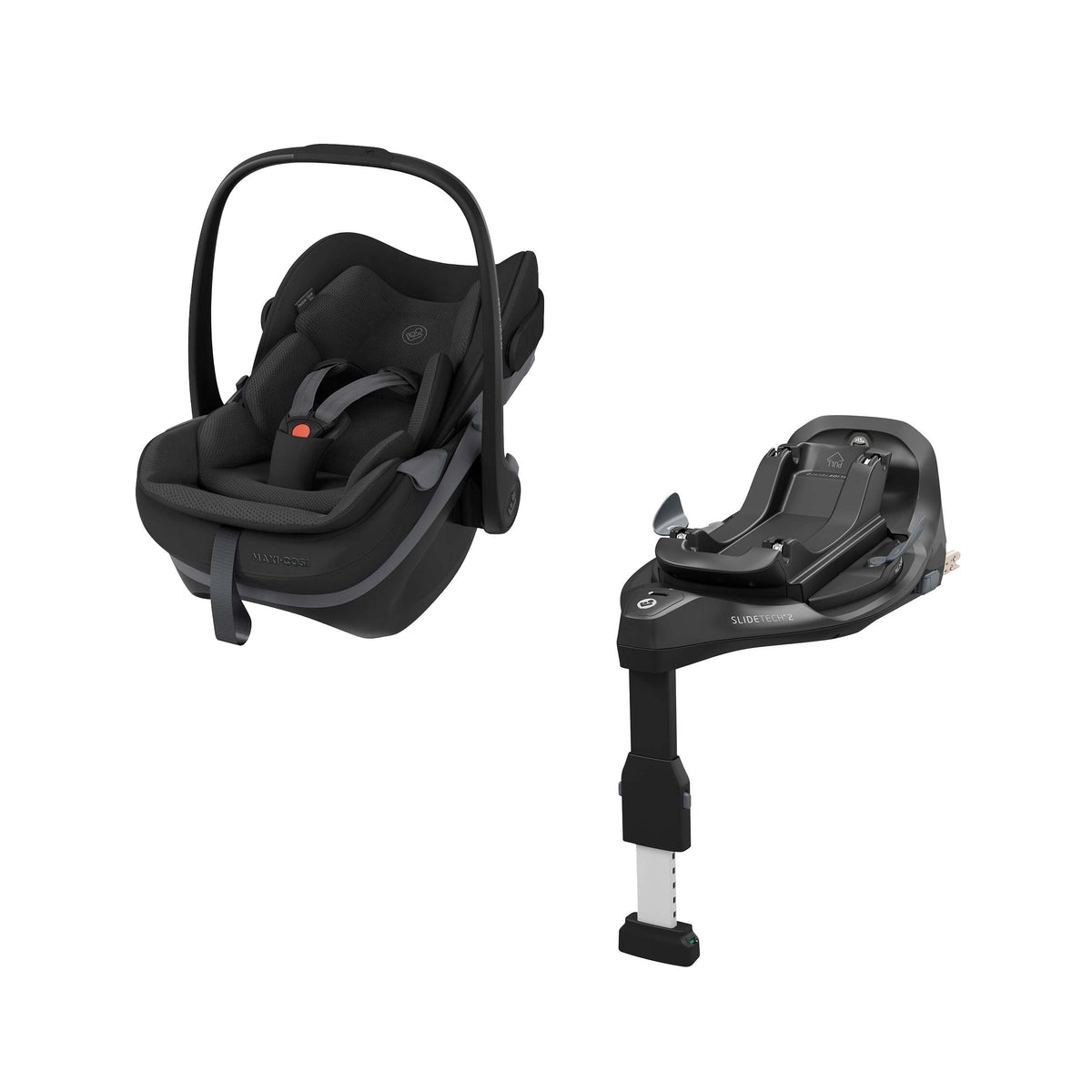 A Maxi-Cosi safety car seat in black with a black handle, shown next to its matching black Isofix base on a clean white background.