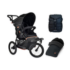 A black jogging stroller shown on a white background with two included accessories: a black backpack and a black footmuff, both displayed to the right of the stroller.