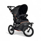 Black stroller with orange accents on a white background