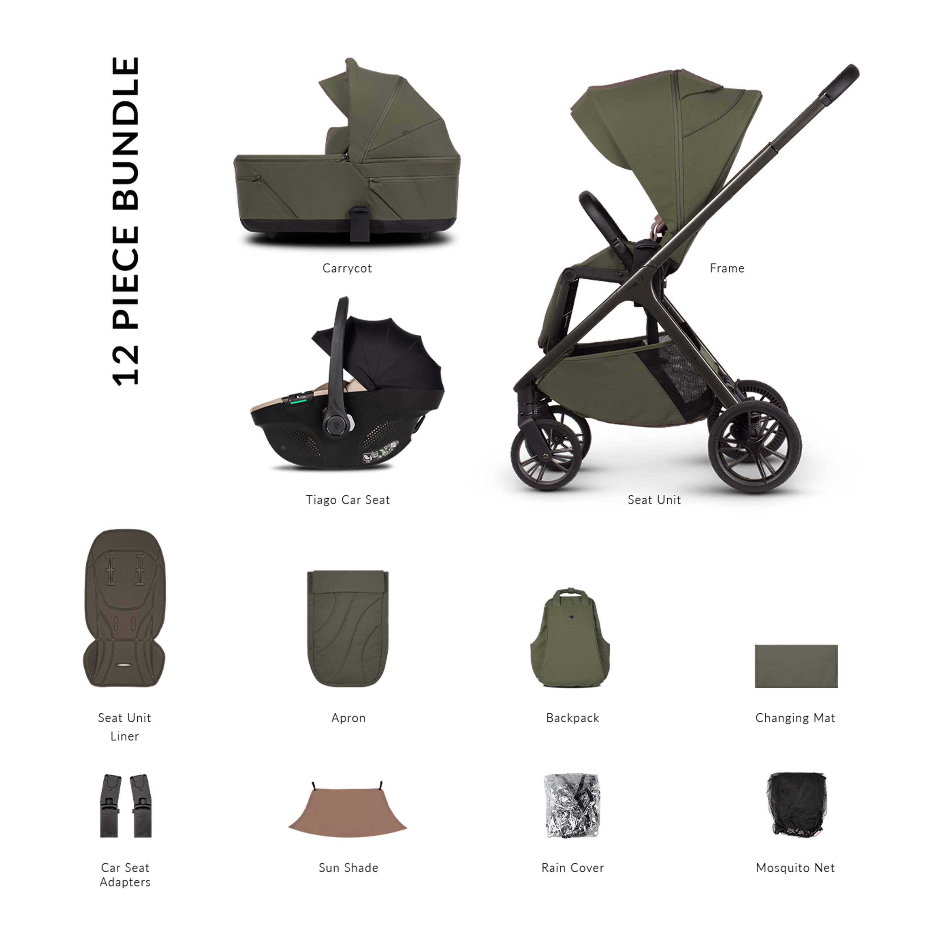 Venicci Tila Pram 12-Piece Comfort Bundle - Olive - Taigo Black