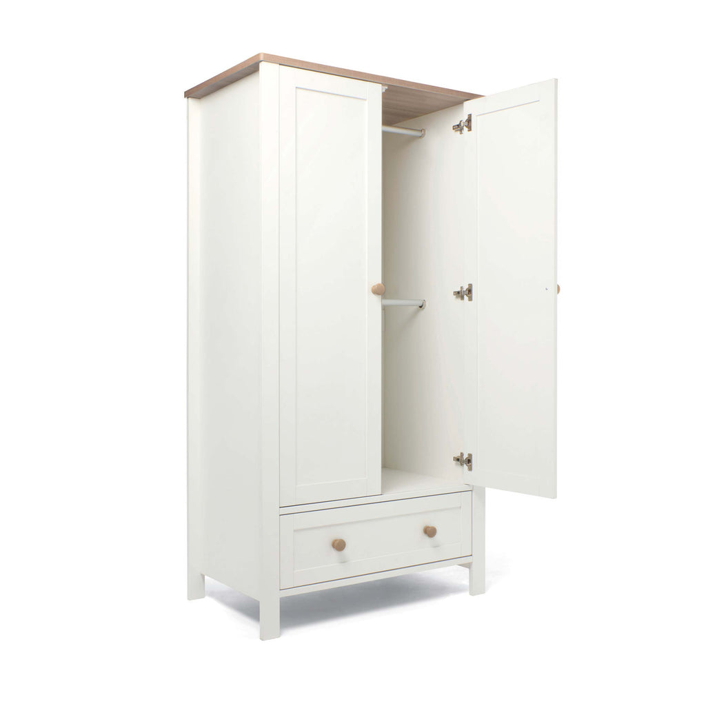 White wardrobe with open doors on a white background