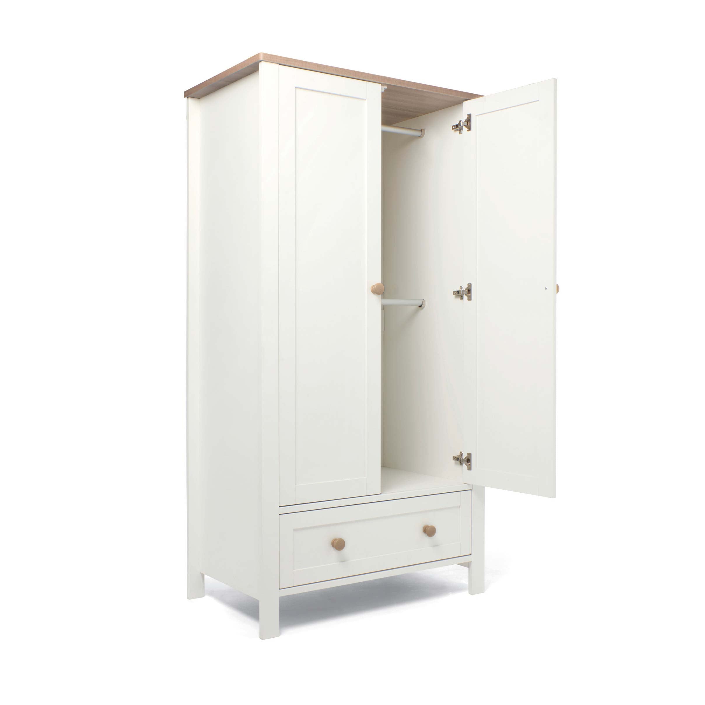 White wardrobe with open doors on a white background