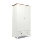White wardrobe with natural top and door knobs on a white background