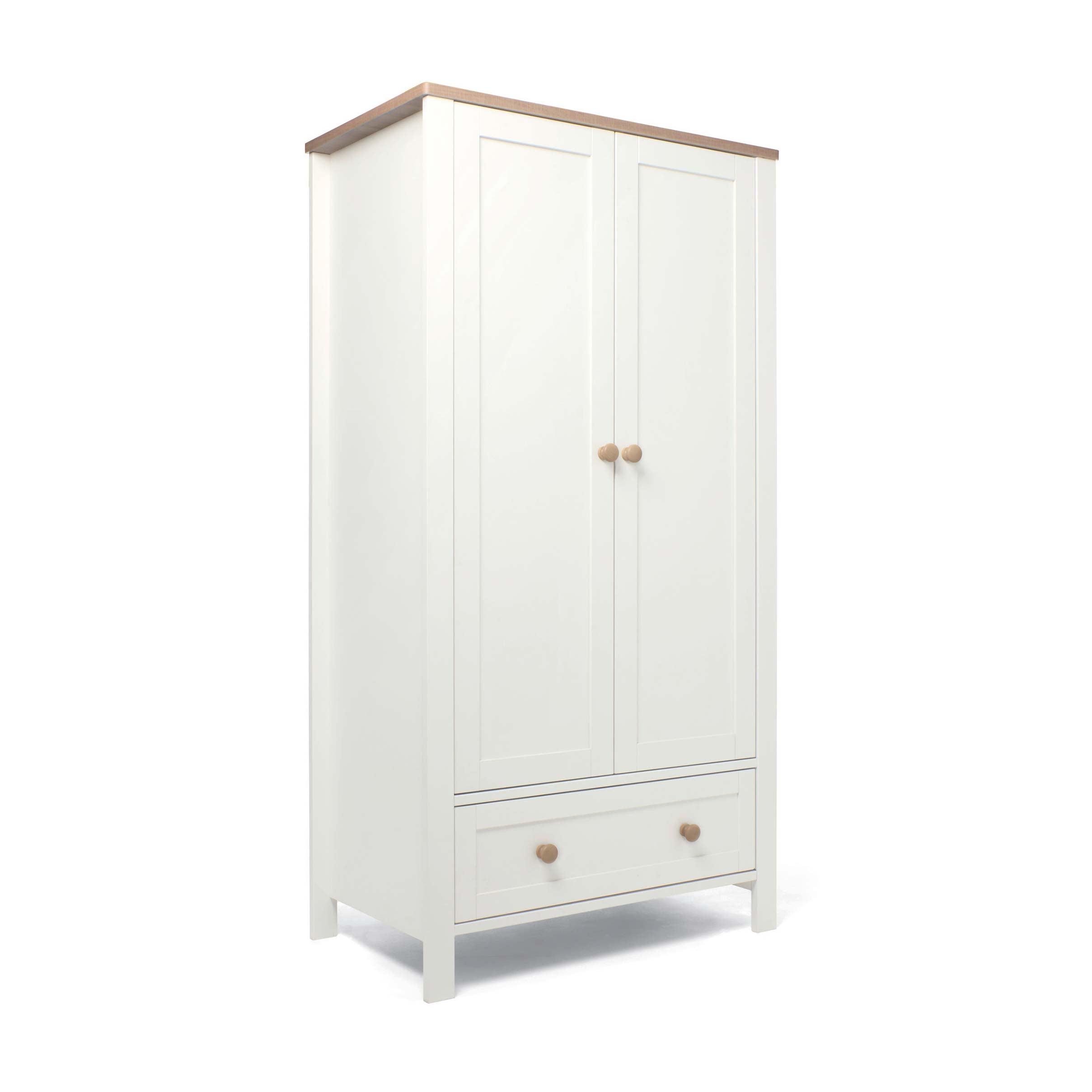 White wardrobe with natural top and door knobs on a white background