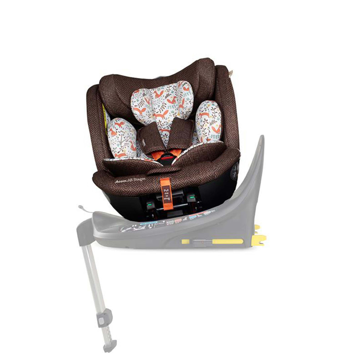 A baby car seat in dark brown with a patterned cushion insert, shown mounted on an  infant car seat base against a white background.