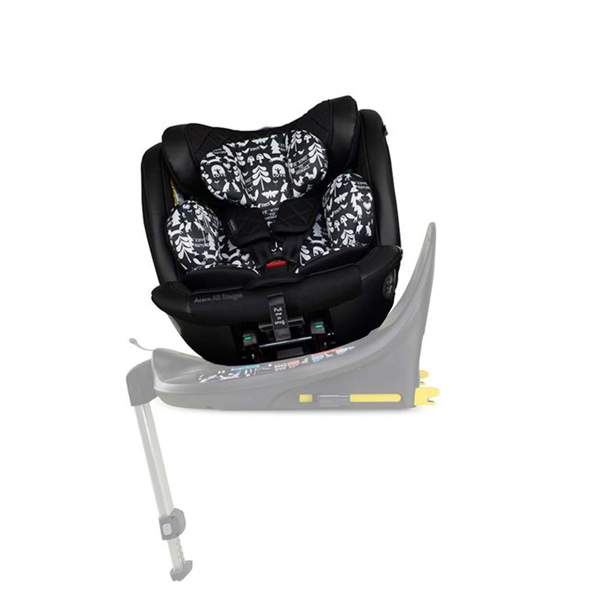 Infant car seat in black with floral insert shown on an ghosted isofix base
