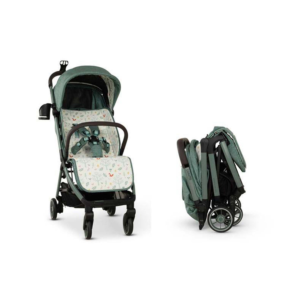 Green baby stroller with folded and unfolded positions on a white background