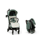 Green baby stroller with folded and unfolded positions on a white background