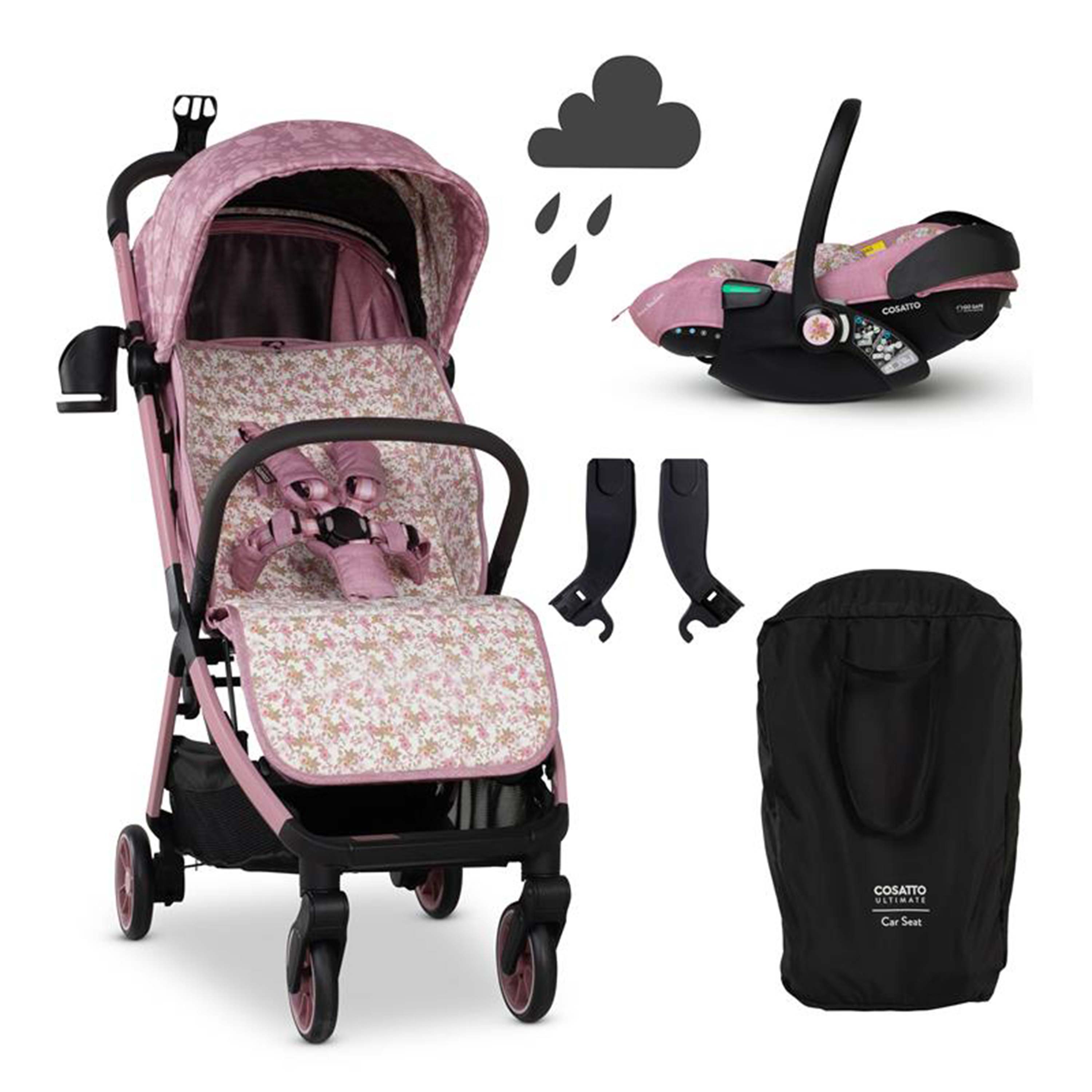 A pink and white floral baby stroller shown with a matching infant car seat, two black straps, and a black storage bag on a white background. A small cloud-and-raindrops icon appears above the stroller.