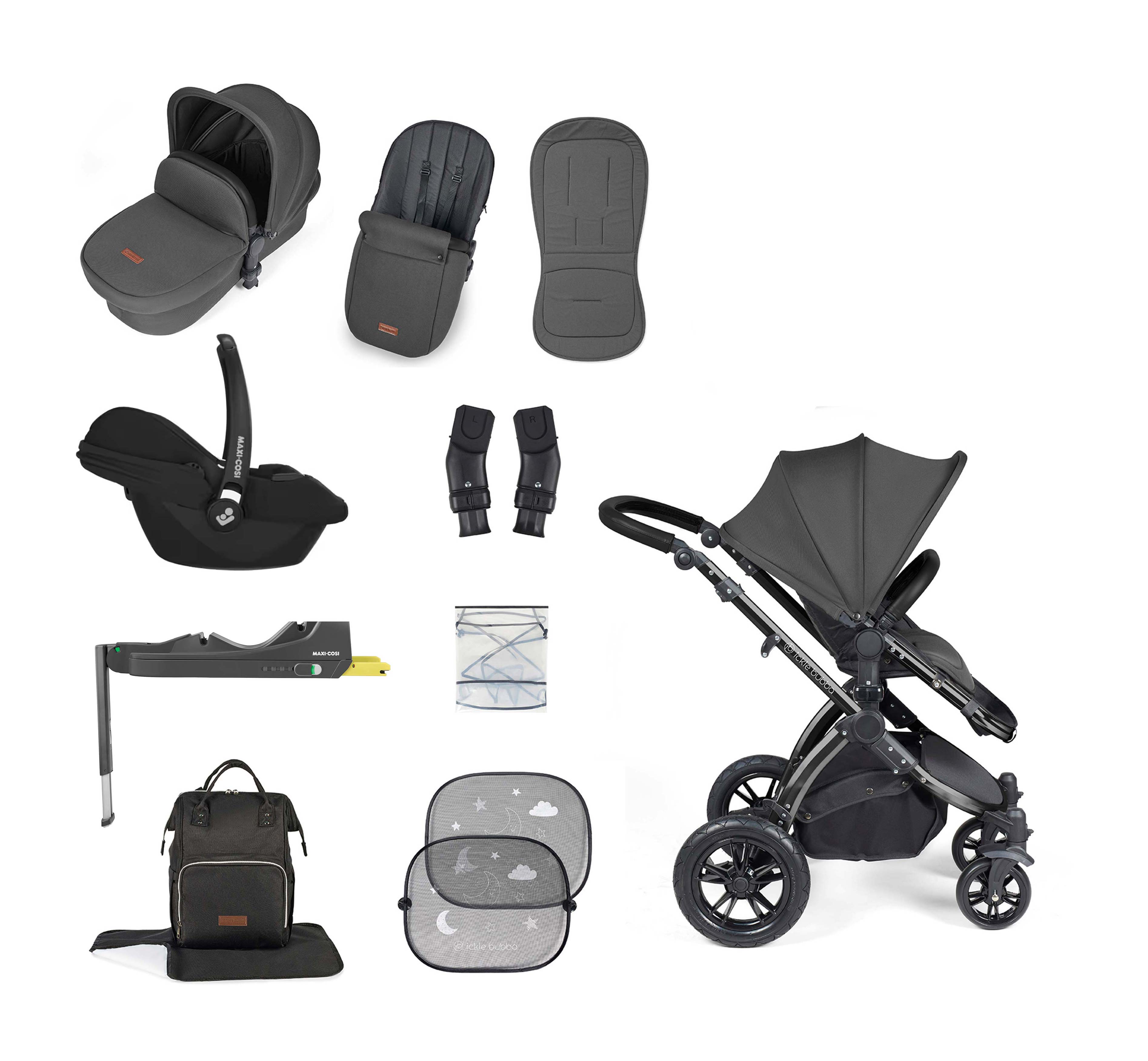 Ickle Bubba Stomp Luxe 12 Piece Bundle + Cabriofix i-Size Car Seat & Isofix Base Charcoal
