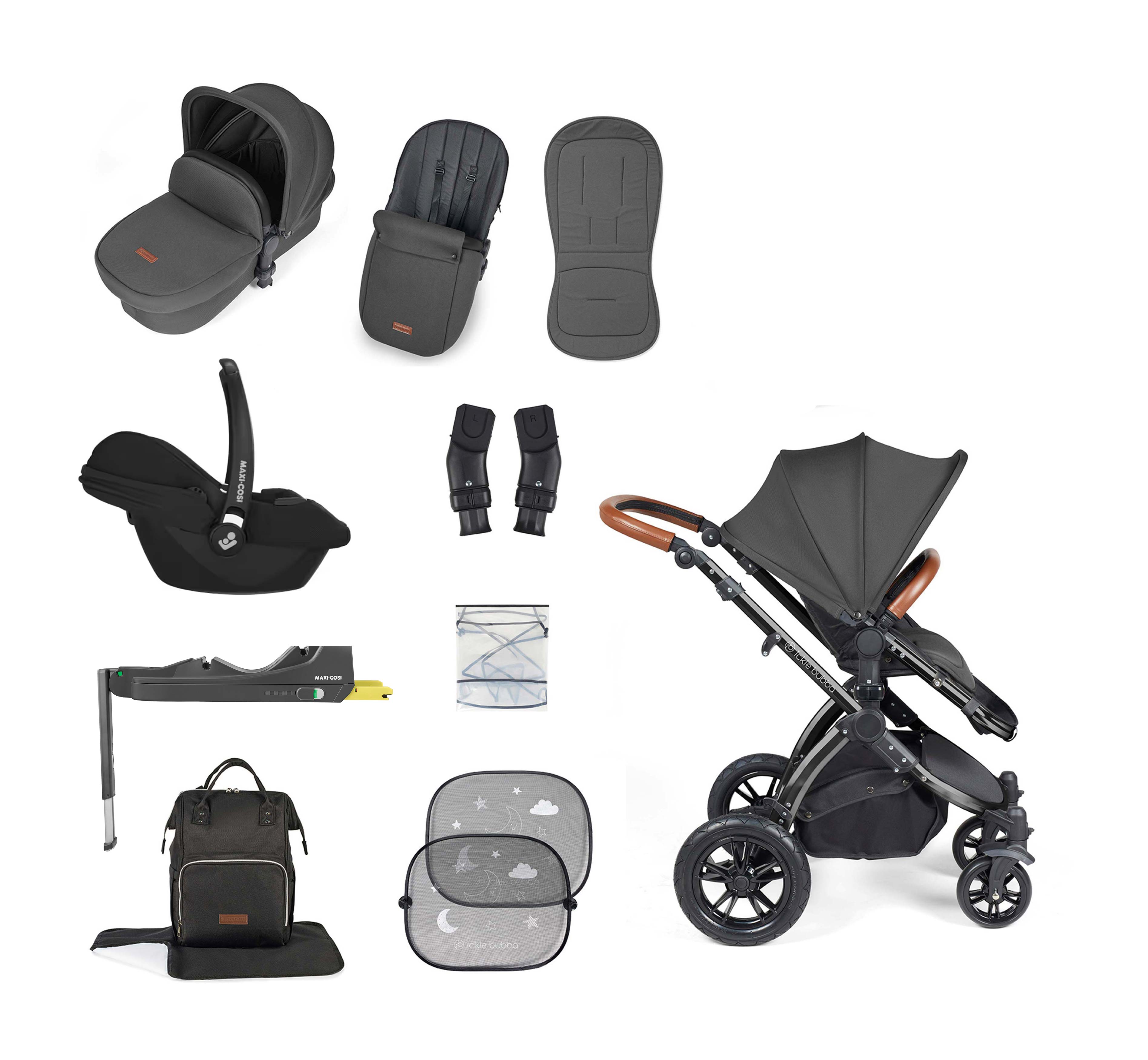 Ickle Bubba Stomp Luxe 12 Piece Bundle + Cabriofix i-Size Car Seat & Isofix Base Charcoal