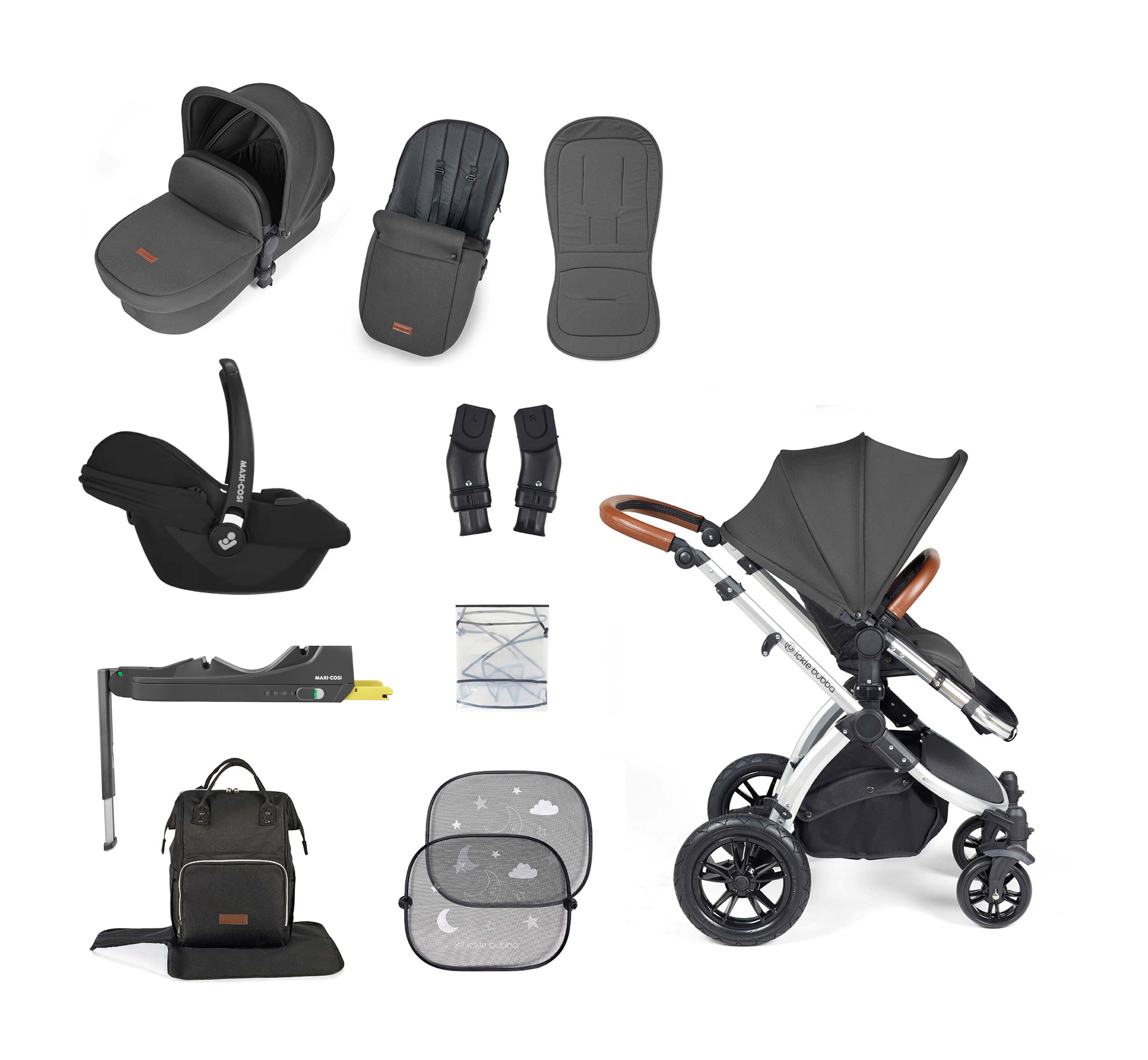 Ickle Bubba Stomp Luxe 12 Piece Bundle + Cabriofix i-Size Car Seat & Isofix Base Charcoal