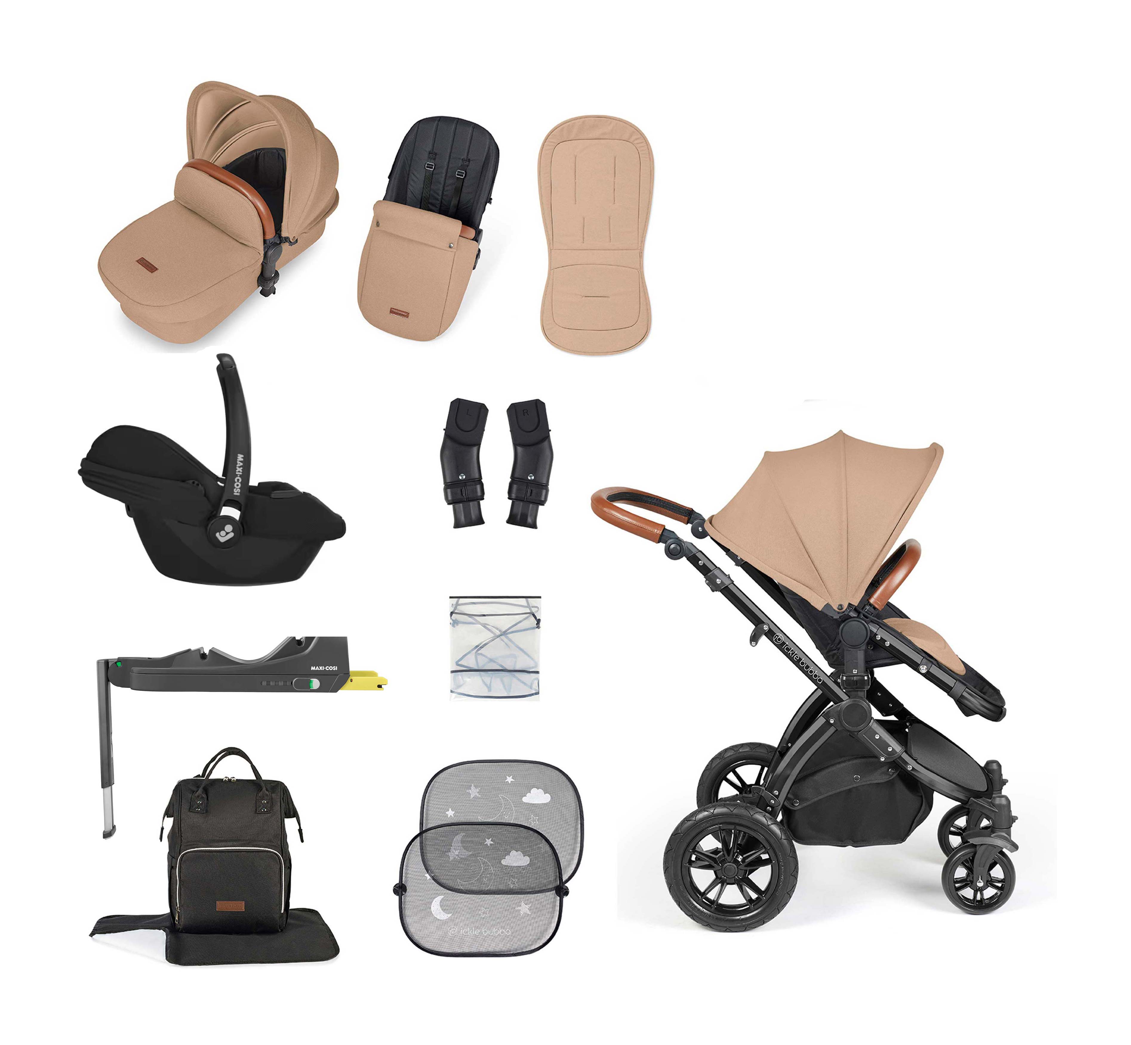 Ickle Bubba Stomp Luxe 12 Piece Bundle + Cabriofix i-Size Car Seat & Isofix Base Desert