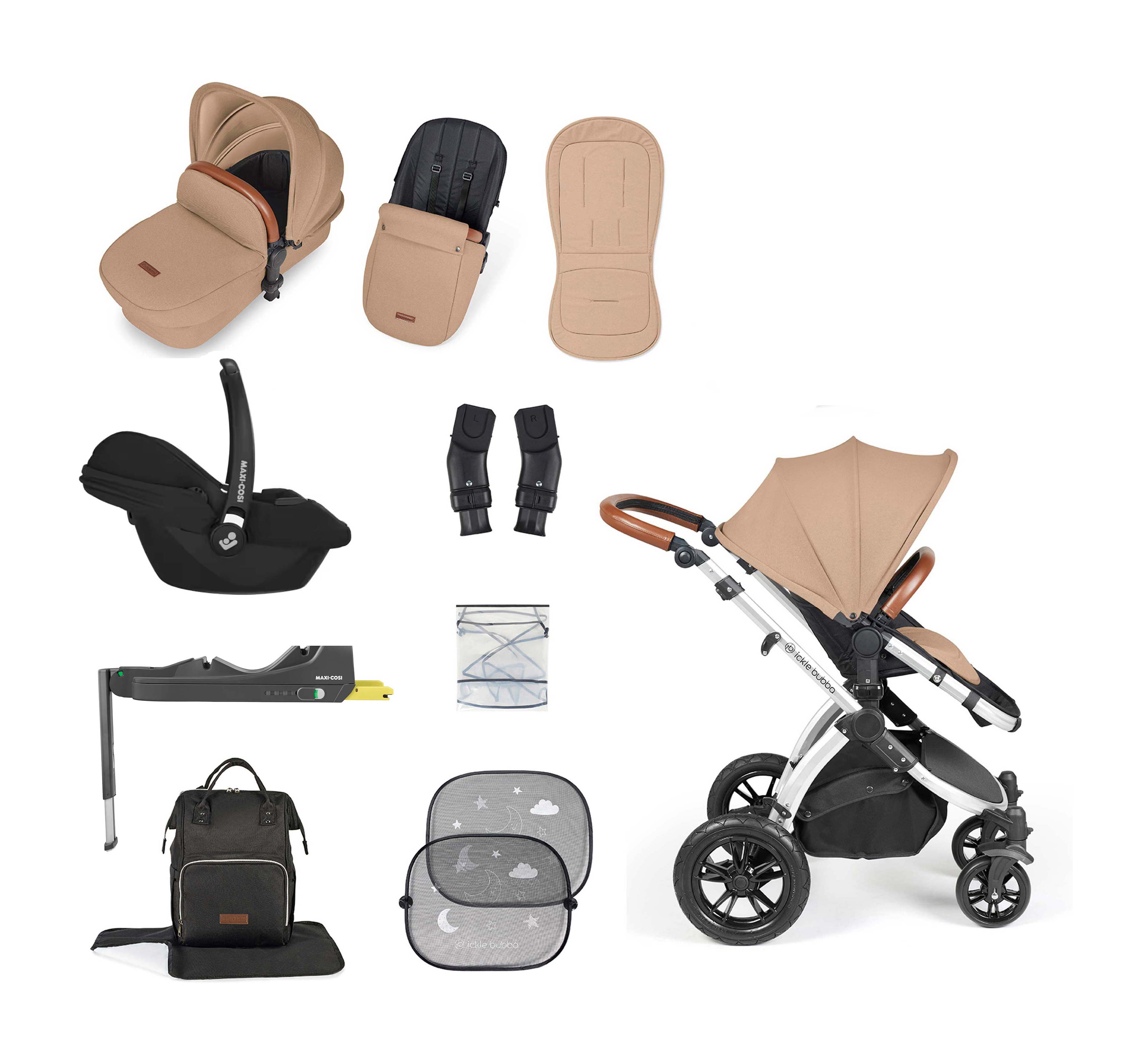 Ickle Bubba Stomp Luxe 12 Piece Bundle + Cabriofix i-Size Car Seat & Isofix Base Desert