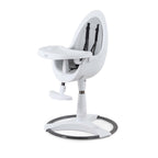 White high chair with grey seat pad, black accents on a white background