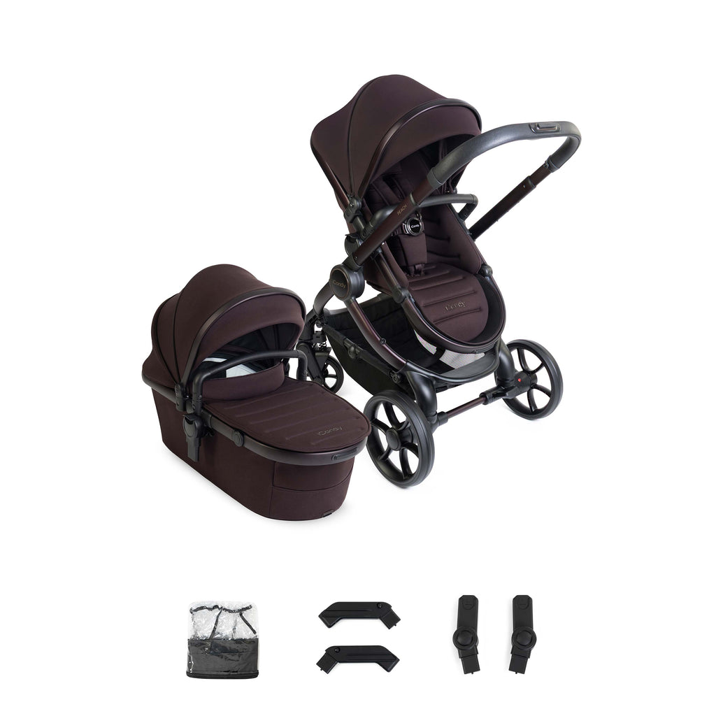 Brown iCandy pushchair with a carrycot and accessories on white background