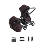 Brown iCandy pushchair with a carrycot and accessories on white background